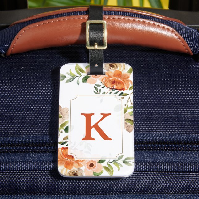 Peach Floral Monogram Luggage Tag (Front Insitu 2)