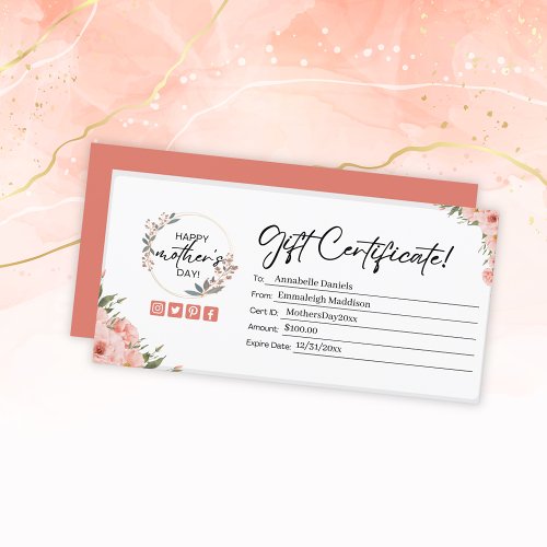 Peach Floral Mothers Day Gift Certificate