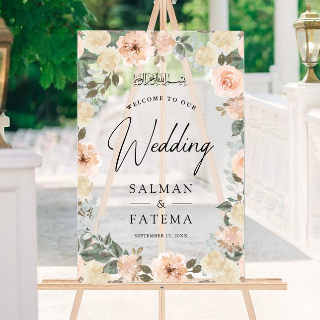 Peach Floral Muslim Wedding Welcome Frosted Acrylic Sign (Creator Uploaded)