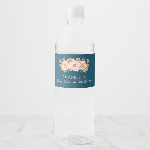 Peach Floral Navy Blue Custom Water Bottle Label