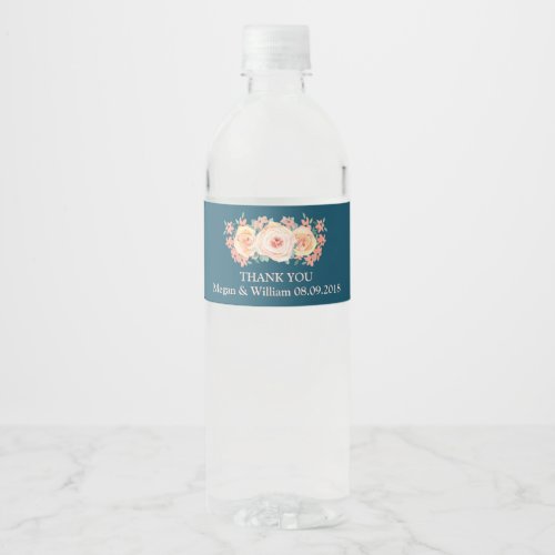 Peach Floral Navy Blue Custom Water Bottle Label