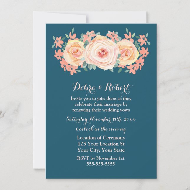 Peach Floral Navy Blue Vow Renewal Invitation (Back)