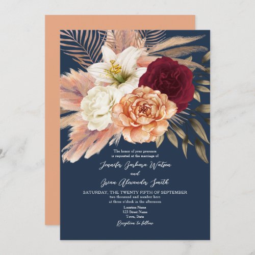 Peach Floral Navy Blue Wedding Invitation