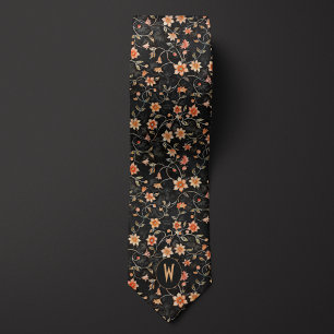 Peach Floral on Black Neck Tie