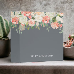 Peach Floral on Gray Background with Your Name 3 Ring Binder