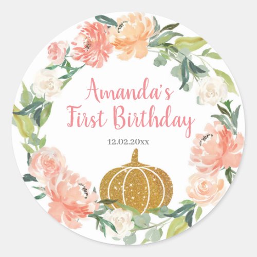 Peach Floral Our Little Pumpkin Birthday Classic Round Sticker