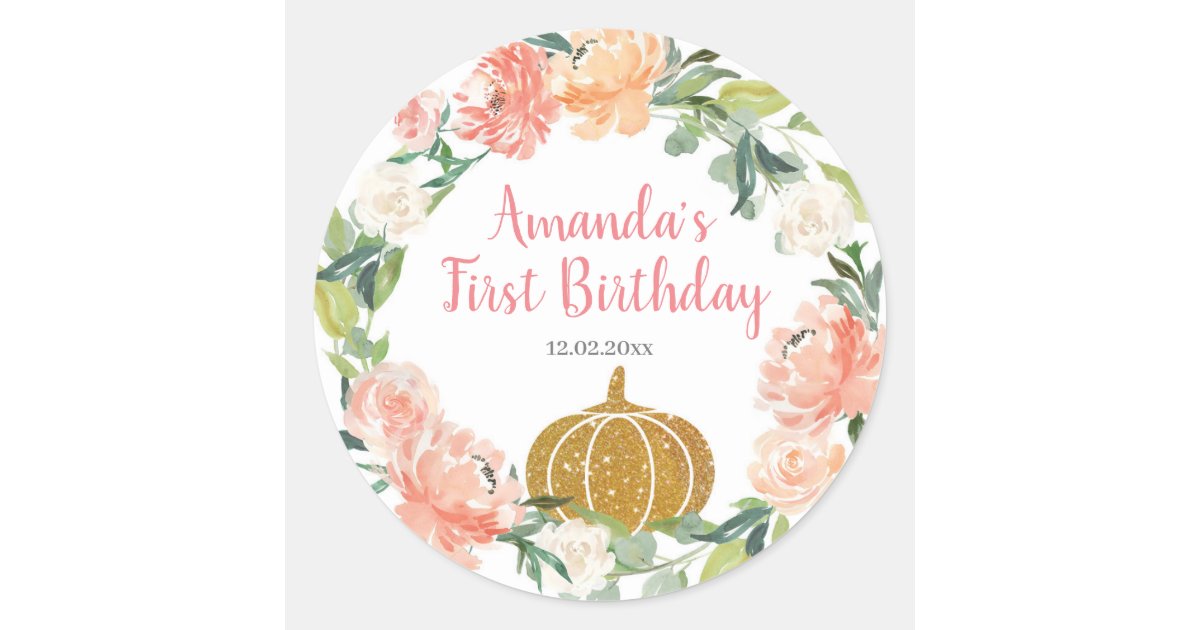 Peach Floral Our Little Pumpkin Birthday Classic Round Sticker | Zazzle