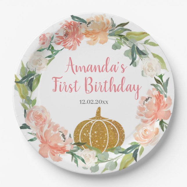 Peach Floral Our Little Pumpkin Birthday Paper Plates (Front)