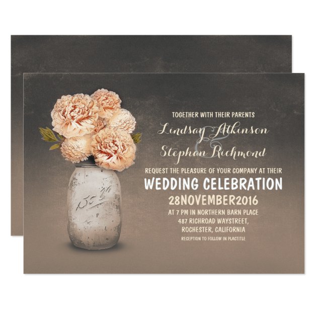 Peach Floral Painted Mason Jar Wedding Invitations