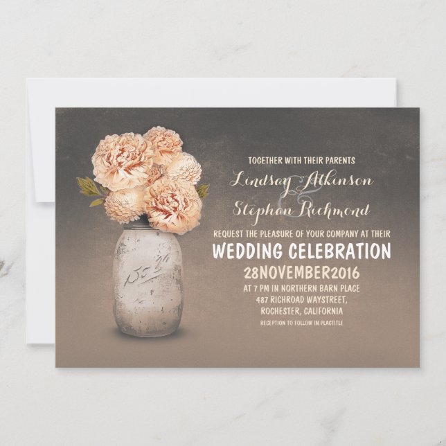 Peach floral painted mason jar wedding invitations (Front)