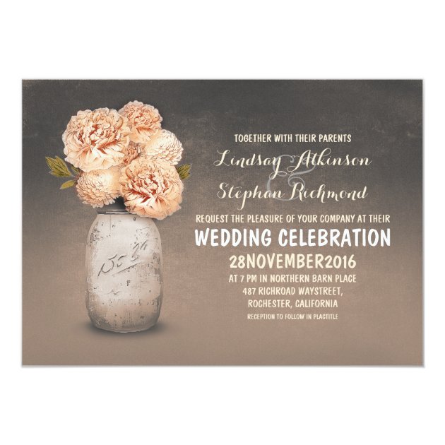 Peach Floral Painted Mason Jar Wedding Invitations