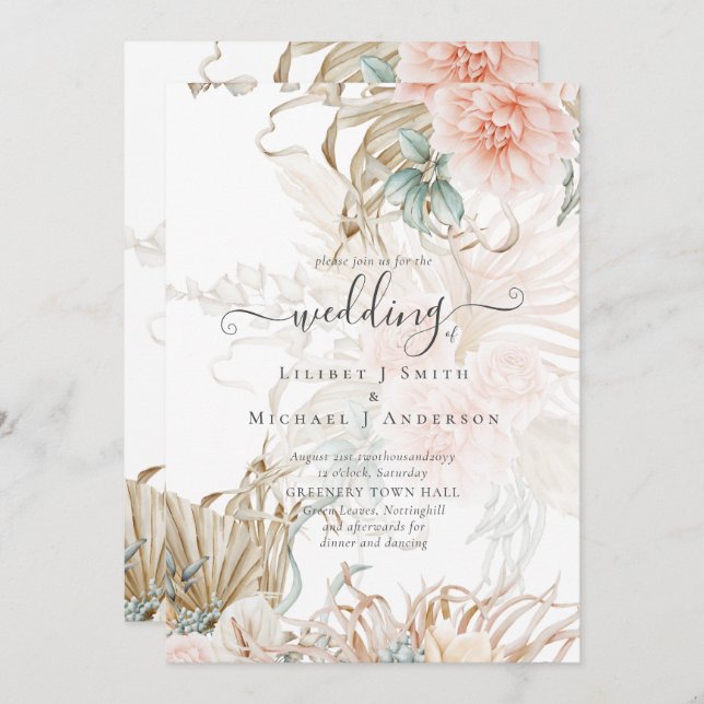 Peach Floral Pampas Grass BOHO Wedding Invitation (Front/Back)