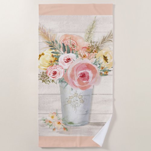 Peach Floral Pampas Rustic Cottage Wood Watercolor Beach Towel