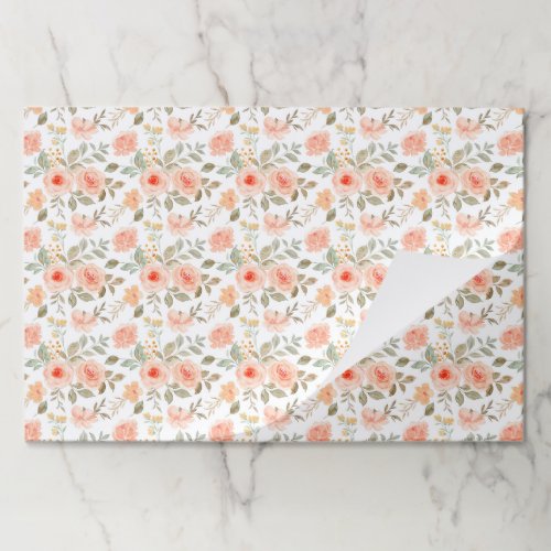 Peach Floral Paper Placemats, Wedding Bridal Paper Pad