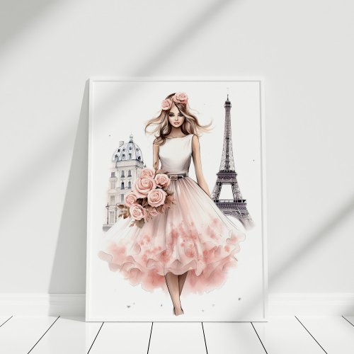 Peach Floral Paris Fashion Portrait Poster