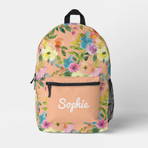 Peach Floral Pattern Personalized Girl Name Printed Backpack