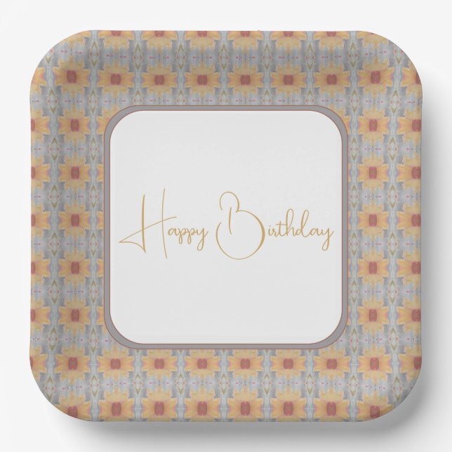 Peach Floral Patterned Square Paper Plates (Front)
