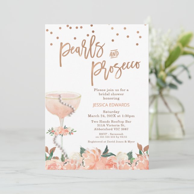 Peach Floral Pearls Prosecco Bridals Shower  Invitation (Standing Front)