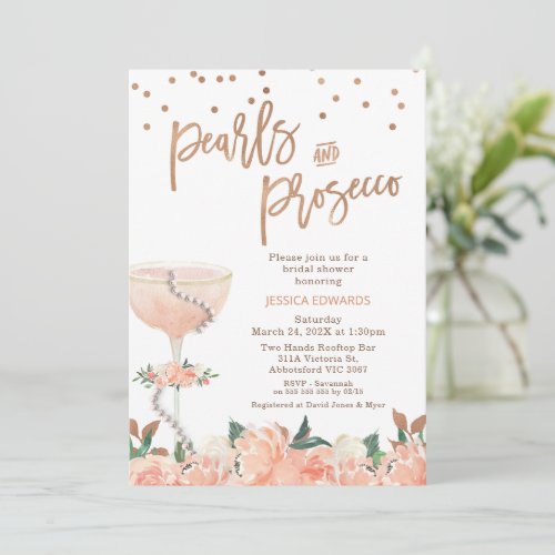 Peach Floral Pearls Prosecco Bridals Shower  Invitation