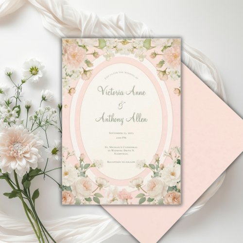 Peach Floral Peonies Elegant Wedding Invitation