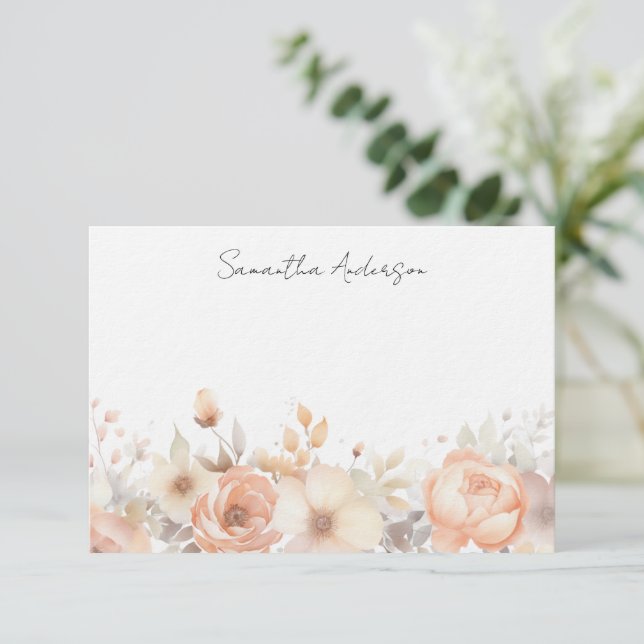 Peach Floral Personalized Flat Note Card (Standing Front)