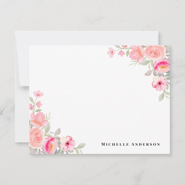 Peach Floral Personalized Name Note Card (Front)