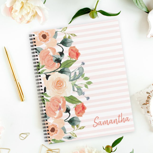 Peach Floral Personalized Notebook (Brighten up your school day or journaling time with this pretty notebook.)