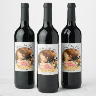 Peach Floral Photo Best Day Ever Wedding Favor Wine Label