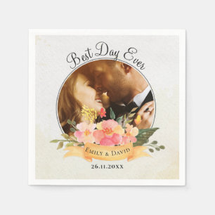 Peach Floral Photo Best Day Ever Wedding Party Napkins