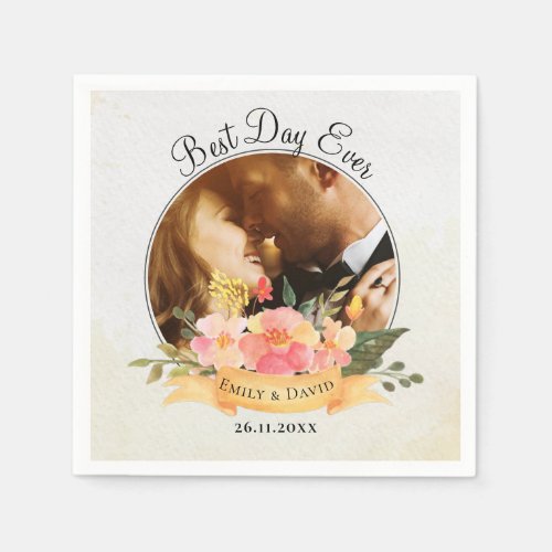 Peach Floral Photo Best Day Ever Wedding Party  Napkins
