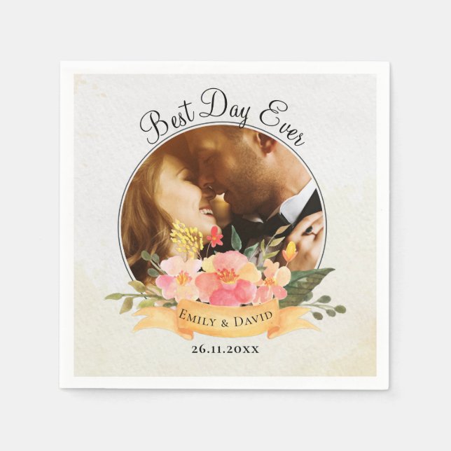 Peach Floral Photo Best Day Ever Wedding Party  Napkins (Front)