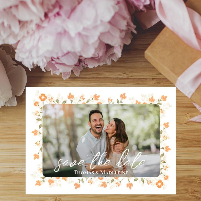 Peach Floral Photo Collage Wedding Save The Date (Wedding save-the-date photo card with a scannable QR code. )