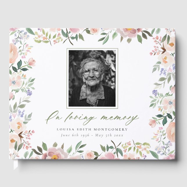 Peach Floral Photo Memorial Guest Book (Front)