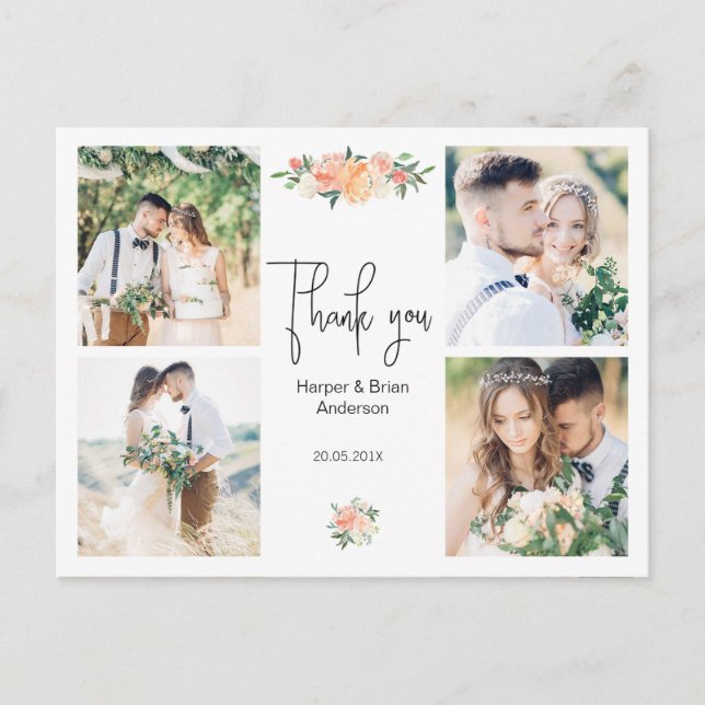 peach Floral Photo Wedding Thank You Postcard (Front)