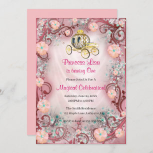 Peach Floral Princess Enchanted 1st Birthday Invitation