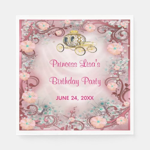 Peach Floral Princess Enchanted Birthday Napkins