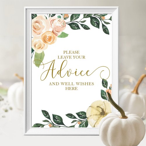 Peach Floral Pumpkin Bridal Shower Advice Sign