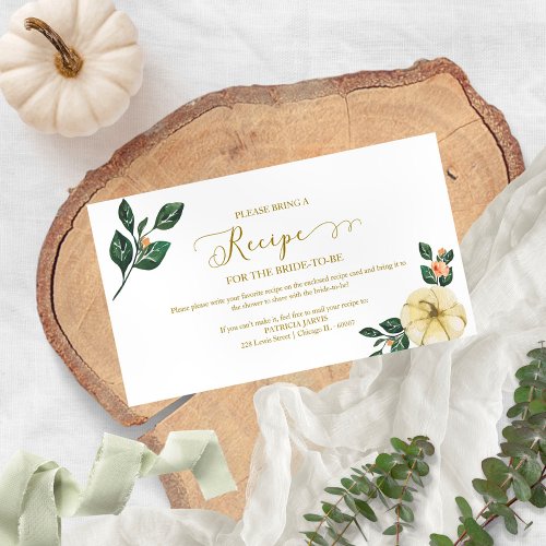 Peach Floral Pumpkin Bridal Shower Recipe Request Enclosure Card