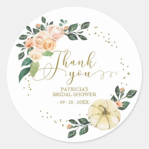 Peach Floral Pumpkin Fall Bridal Shower Favor Classic Round Sticker