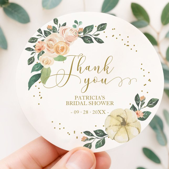 Peach Floral Pumpkin Fall Bridal Shower Favor Classic Round Sticker (Creator Uploaded)