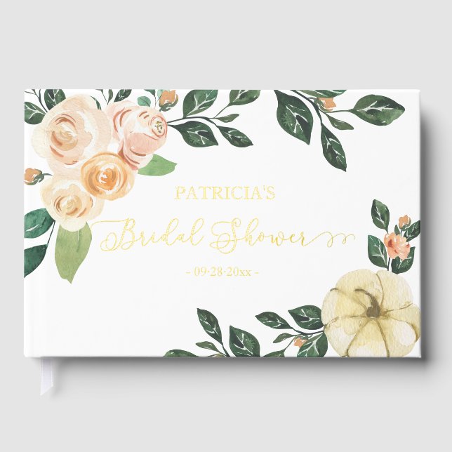 Peach Floral Pumpkin Fall Foil Guest Book (Front)