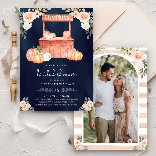 Peach Floral Pumpkin Market Navy Bridal Shower Invitation