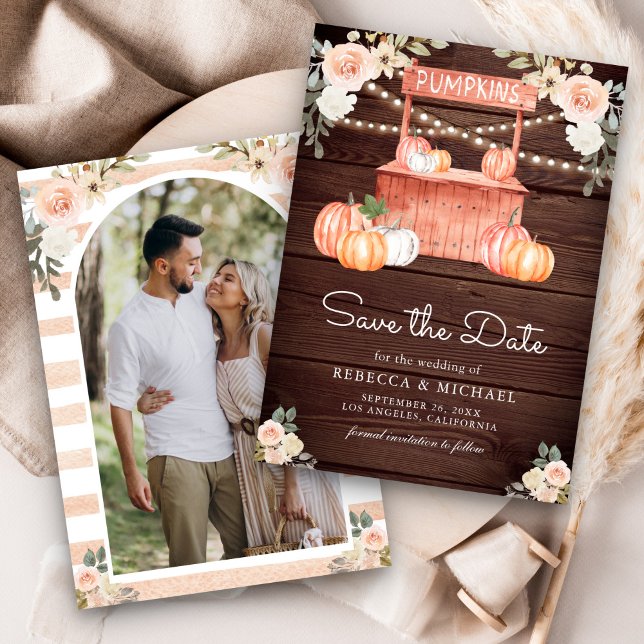 Peach Floral Pumpkin Market Photo Wood Wedding Save The Date (Creator Uploaded)