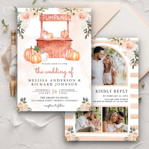 Peach Floral Pumpkin Market QR Code Wedding Invitation