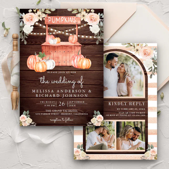 Peach Floral Pumpkin Market QR Code Wood Wedding Invitation Zazzle