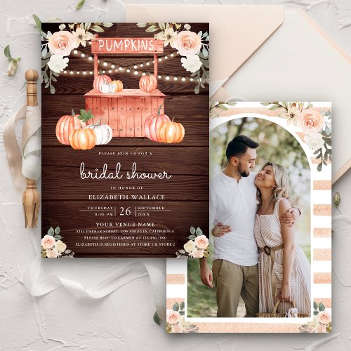 Peach Floral Pumpkin Market Wood Bridal Shower Invitation