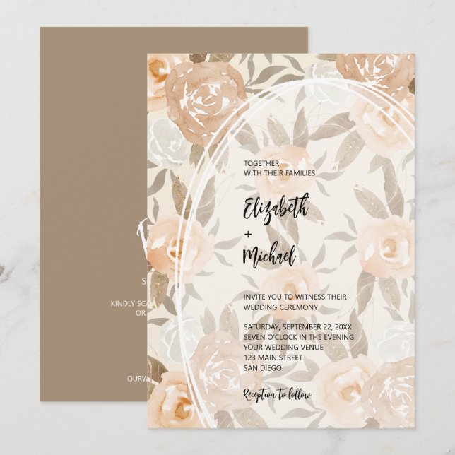 Peach Floral QR Code Wedding All in One Invitation (Front/Back)