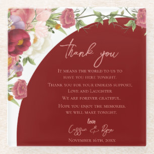 Peach Floral Red Arch Wedding Thank you Message Glass Coaster