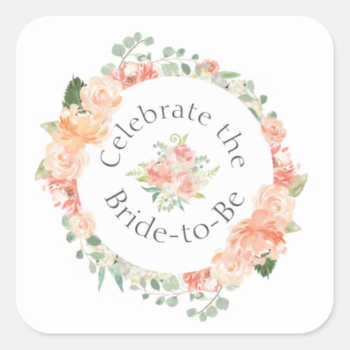 Peach Floral Ring Bridal Shower Square Sticker