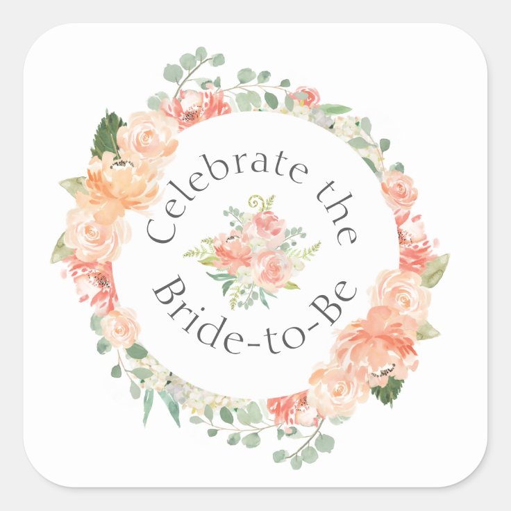 Peach Floral Ring Bridal Shower Square Sticker | Zazzle